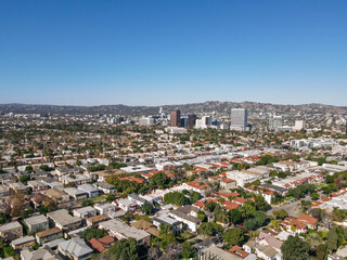 Aerial view above Mid-City neighborhood in Central Los Angeles, California. USA