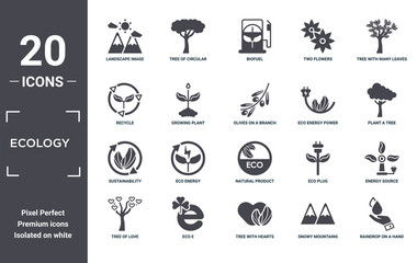 ecology icon set. include creative elements as landscape image, tree with many leaves, eco energy power, natural product, eco e, sustainability filled icons can be used for web design, presentation,