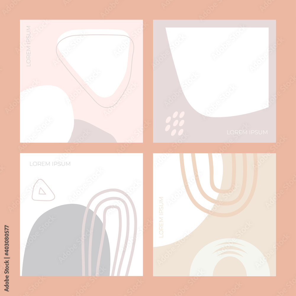 Poster minimal square backgrounds with organic abstract shapes and sample text in pastel colors. contempora