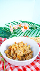 CIREBON, West Java INDONESIA - January 5th 2020 - Selective Focus Jamur Goreng Krispi.Deep fried crispy mushroom. made from champignon, and oyster mushroom with flour