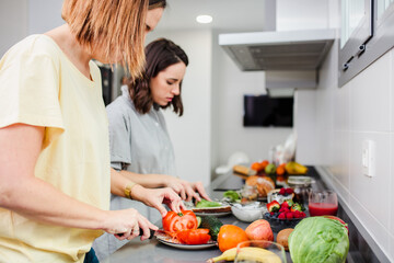 Two women preparing healthy food on the kitchen counter, diet and nutrition concept