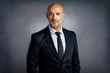 Confident businessman portrait while wearing suit and standing at isolated background