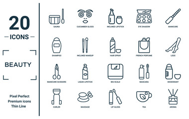 Naklejka premium beauty linear icon set. includes thin line sauna, shampoo, manicure scissors, curler, aroma, hair spray, deodorant icons for report, presentation, diagram, web design