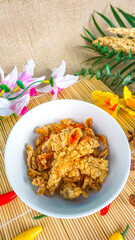 CIREBON, West Java INDONESIA - January 5th 2020 - Selective Focus Jamur Goreng Krispi.Deep fried crispy mushroom. made from champignon, and oyster mushroom with flour