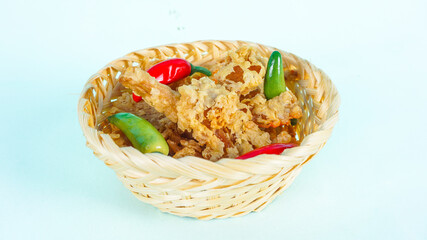 Ready to eat. Crispy Fried Oyster Mushroom or Jamur Krispi. Oyster Mushroom Coated with Spiced Flour and Depp Fried. Isolated background