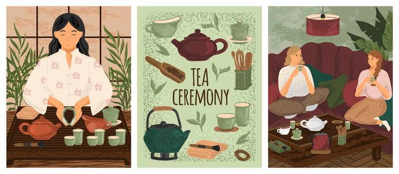 Tea ceremony concept vector posters. Traditional chinese way or tea. Friends drink hot tea at home. Gongfu ceremony utensils and accessories, teapot, cup, spoon. Asian chinese and japanese culture
