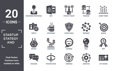 startup.stategy.and icon set. include creative elements as businessman professional, market trends, resources, happiness, strategic vision, restrict filled icons can be used for web design,
