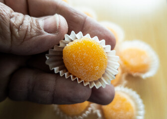 "Yemas de Santa Teresa". Typical sweets from Spain, based on egg yolk confit with sugar.