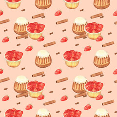 Seamless pattern with strawberry cupcake and muffin on orange-pink background. Watercolor food illustration. Perfect for parties decor, cafe design and more. 