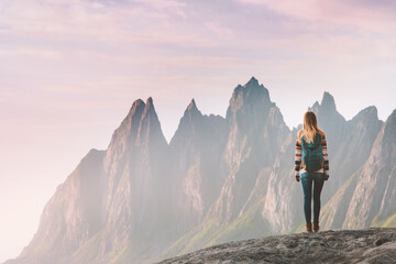 Traveler woman enjoying Okshornan peaks landscape in Norway travel lifestyle active vacation...