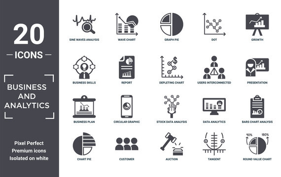 business.and.analytics icon set. include creative elements as sine waves analysis, growth, users interconnected, stock data analysis, customer, business plan filled icons can be used for web design,