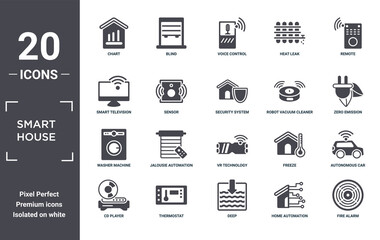 smart.house icon set. include creative elements as chart, remote, robot vacuum cleaner, vr technology, thermostat, washer machine filled icons can be used for web design, presentation, report and