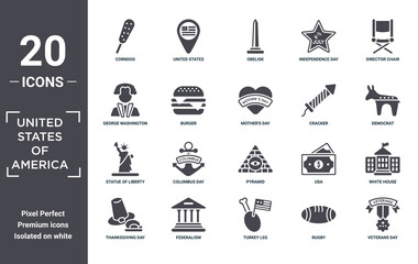 united.states.of.america icon set. include creative elements as corndog, director chair, cracker, pyramid, federalism, statue of liberty filled icons can be used for web design, presentation, report © Digital Bazaar