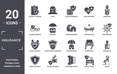 insurance icon set. include creative elements as contract coverage, beneficiary, hospitalization, house insurance, deposit insurance, family filled icons can be used for web design, presentation,