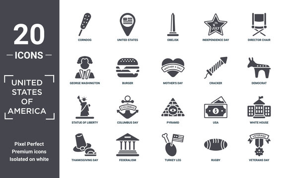 United.states.of.america Icon Set. Include Creative Elements As Corndog, Director Chair, Cracker, Pyramid, Federalism, Statue Of Liberty Filled Icons Can Be Used For Web Design, Presentation, Report