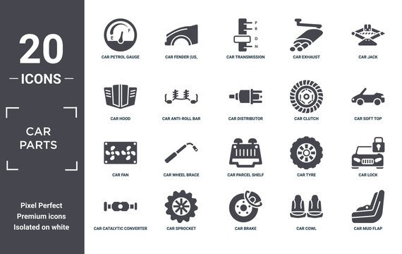 Car.parts Icon Set. Include Creative Elements As Car Petrol Gauge, Car Jack, Car Clutch, Parcel Shelf, Sprocket, Fan Filled Icons Can Be Used For Web Design, Presentation, Report And Diagram