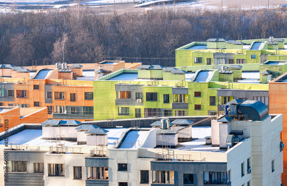 Wall mural Flat roof of modern apartment house building exterior mixed-use urban multi-family residential district area development