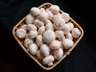 Porcini mushrooms in a basket on a black background.