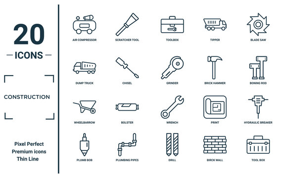 construction linear icon set. includes thin line air compressor, dump truck, wheelbarrow, plumb bob, tool box, grinder, hydraulic breaker icons for report, presentation, diagram, web design