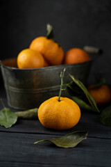 Several ripe tangerines with leaves in a metal container lie on a black table against a dark background. Rustic style with copyspace.