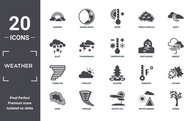 weather icon set. include creative elements as rainbow, night, earthquake, wildfire, tornado, hurricane filled icons can be used for web design, presentation, report and diagram