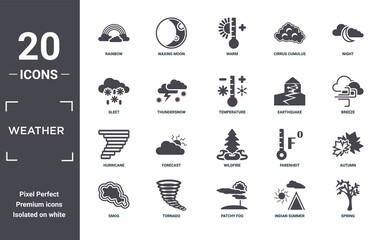 Fototapeta na wymiar weather icon set. include creative elements as rainbow, night, earthquake, wildfire, tornado, hurricane filled icons can be used for web design, presentation, report and diagram