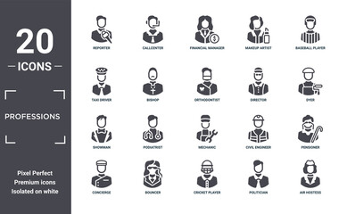 professions icon set. include creative elements as reporter, baseball player, director, mechanic, bouncer, showman filled icons can be used for web design, presentation, report and diagram