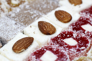 A set Turkish Delight (Lokum), tasty colored food with nuts