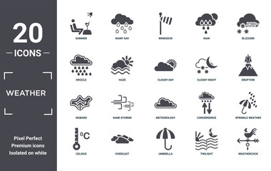 weather icon set. include creative elements as summer, blizzard, cloudy night, meteorology, overcast, isobars filled icons can be used for web design, presentation, report and diagram - obrazy, fototapety, plakaty