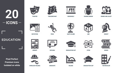 education icon set. include creative elements as theater, romeo and juliet, abc, graduation hat, graduate, library filled icons can be used for web design, presentation, report and diagram