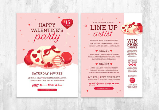 Happy Valentine's Party Flyer Layout with Pink Candy Gift and Balloon Illustration