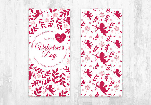 Happy Valentine's Card Layout with Pink Rose and Cupid Pattern