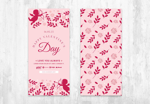 Valentine's Pink Card Layout with Rose and Cupid Pattern
