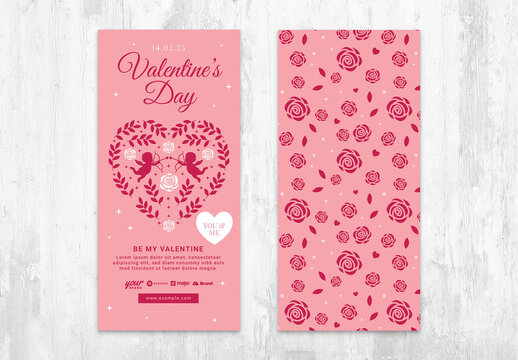 Happy Valentine's Pink Heart Card Layout with Pink Rose and Cupid Pattern
