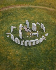 	Aerial Drone Shot of the famous Stonehenge in South England on a cloudy but calm evening - obrazy, fototapety, plakaty