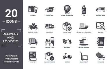 delivery.and.logistic icon set. include creative elements as scanner, delivery truck, sea ship with containers, motorbike, package checking, delivery filled icons can be used for web design,