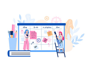 Fototapeta premium Concept of agile development. Scrum team from women use kanban methodology, sticking and move papers on board from start to finish analyzing strategy task. Vector illustration.