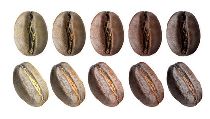 different types and stages of roasting coffee beans from green to full roast, macro photography isolate studio light