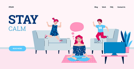 Website interface with freelance woman relaxing in meditation pose while working from home. Working mother with children keeps her calm cartoon vector illustration.
