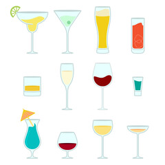 Set of different types of alcoholic drinks like cocktails, wine, beer and more in vector