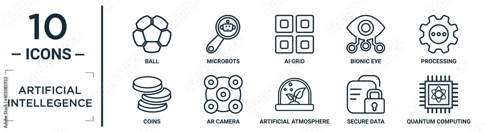Poster artificial.intellegence linear icon set. includes thin line ball, ai grid, processing, ar camera, se