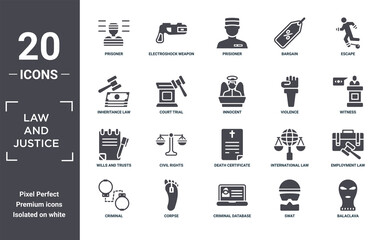 law.and.justice icon set. include creative elements as prisoner, escape, violence, death certificate, corpse, wills and trusts filled icons can be used for web design, presentation, report and