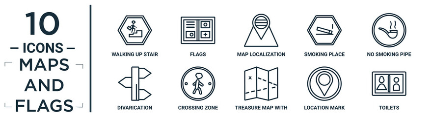 Fototapeta premium maps.and.flags linear icon set. includes thin line walking up stair, map localization, no smoking pipe, crossing zone, location mark, toilets, divarication icons for report, presentation, diagram,