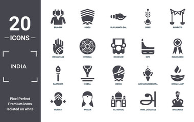 india icon set. include creative elements as brahma, navratri, dipa, indian, woman, kartikeya filled icons can be used for web design, presentation, report and diagram