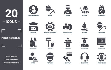 professions icon set. include creative elements as obstetrician and gynecologist, stewardess, plumber, president, professor, wrestling filled icons can be used for web design, presentation, report