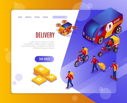 Delivery special Landing Page. Vehicles and couriers isometric icon  on isolated background