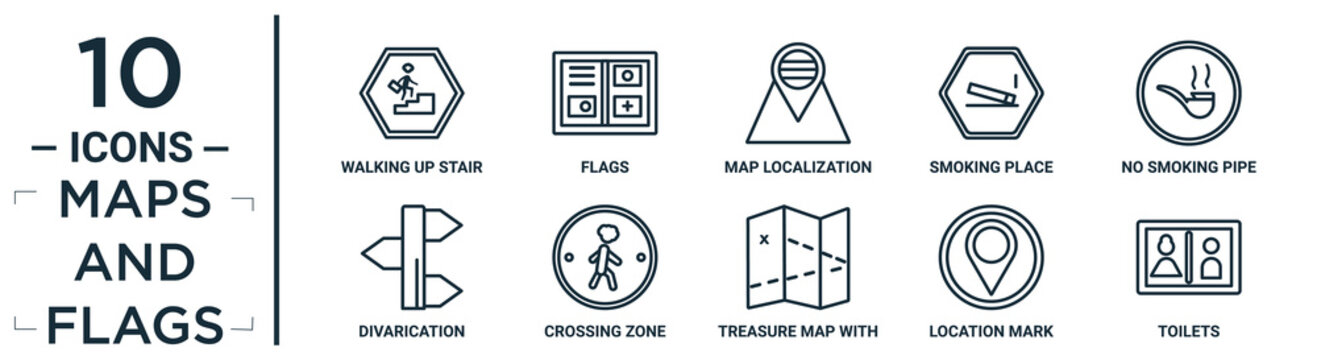 maps.and.flags linear icon set. includes thin line walking up stair, map localization, no smoking pipe, crossing zone, location mark, toilets, divarication icons for report, presentation, diagram,