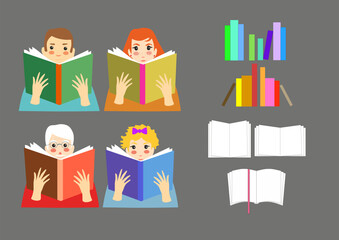 A set of portraits of bright people reading books - drawn flat vector design concept of illustration style of young men and women, male and female faces and shoulders of avatars. A set of vector icons
