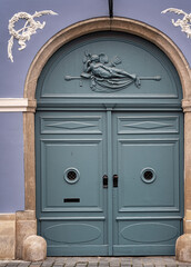 Nice old wooden door in the castle of Buda in Budapest, Hungary