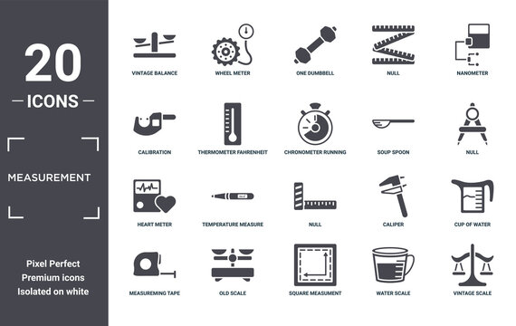 Measurement Icon Set. Include Creative Elements As Vintage Balance, Nanometer, Soup Spoon, Null, Old Scale, Heart Meter Filled Icons Can Be Used For Web Design, Presentation, Report And Diagram